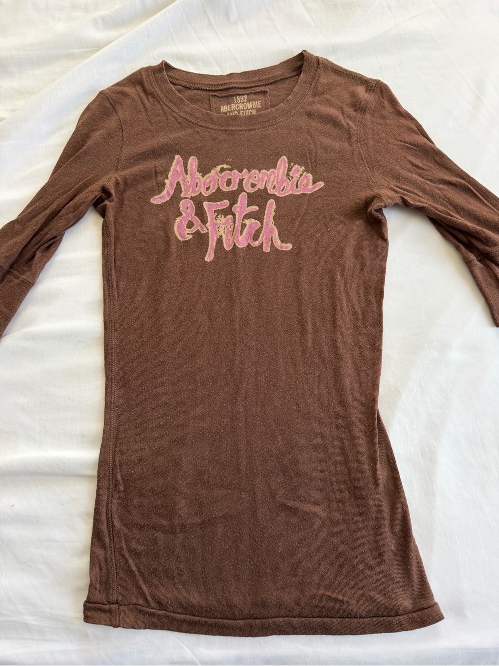 Abercrombie & Fitch Brown Long-Sleeve Tee with Pink Script Logo y2k